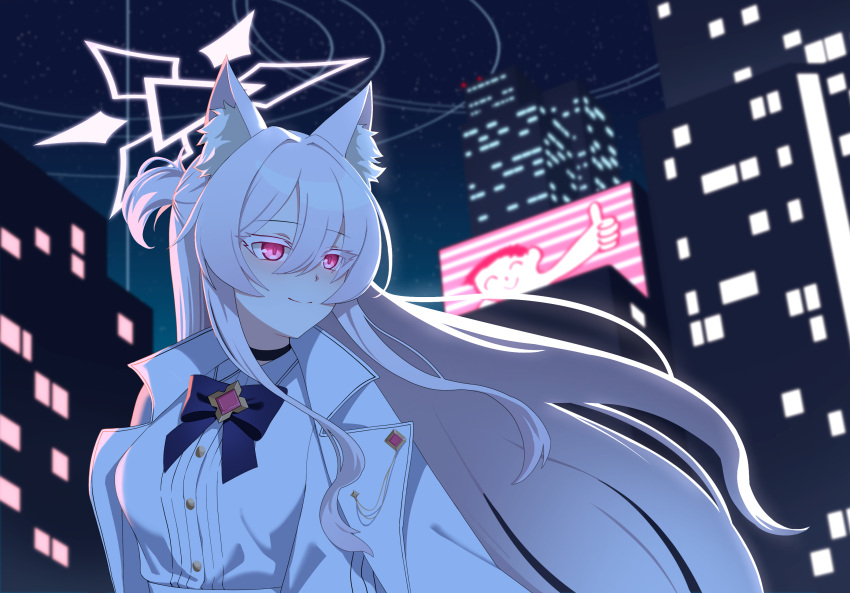 1girl akira_(blue_archive) animal_ear_fluff arona's_sensei_doodle_(blue_archive) black_choker blue_archive blue_bow bow building cameo cape choker commentary_request facing_away hair_between_eyes half_updo halo highres long_hair long_sleeves looking_away night night_sky outdoors red_eyes screen sensei_(blue_archive) shirt sidelocks sky skyline skyscraper solo star_(sky) starry_sky thumbs_up tost_(cloi123) white_hair white_shirt wind