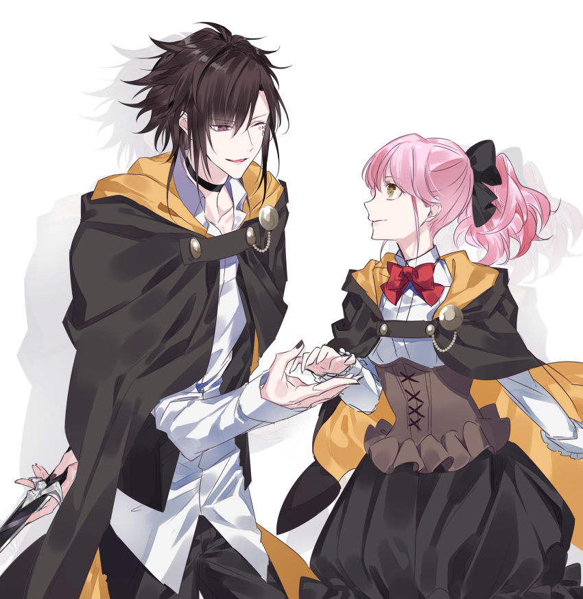 1boy 1girl absurdres alvaro_garay anno_meiji black_choker black_cloak brown_hair choker cloak closed_mouth facing_another facing_to_the_side highres hood hood_down lulu_(wand_of_fortune) official_alternate_hair_color one_eye_closed open_mouth orange_eyes pink_hair ponytail smile violet_eyes wand_of_fortune white_background