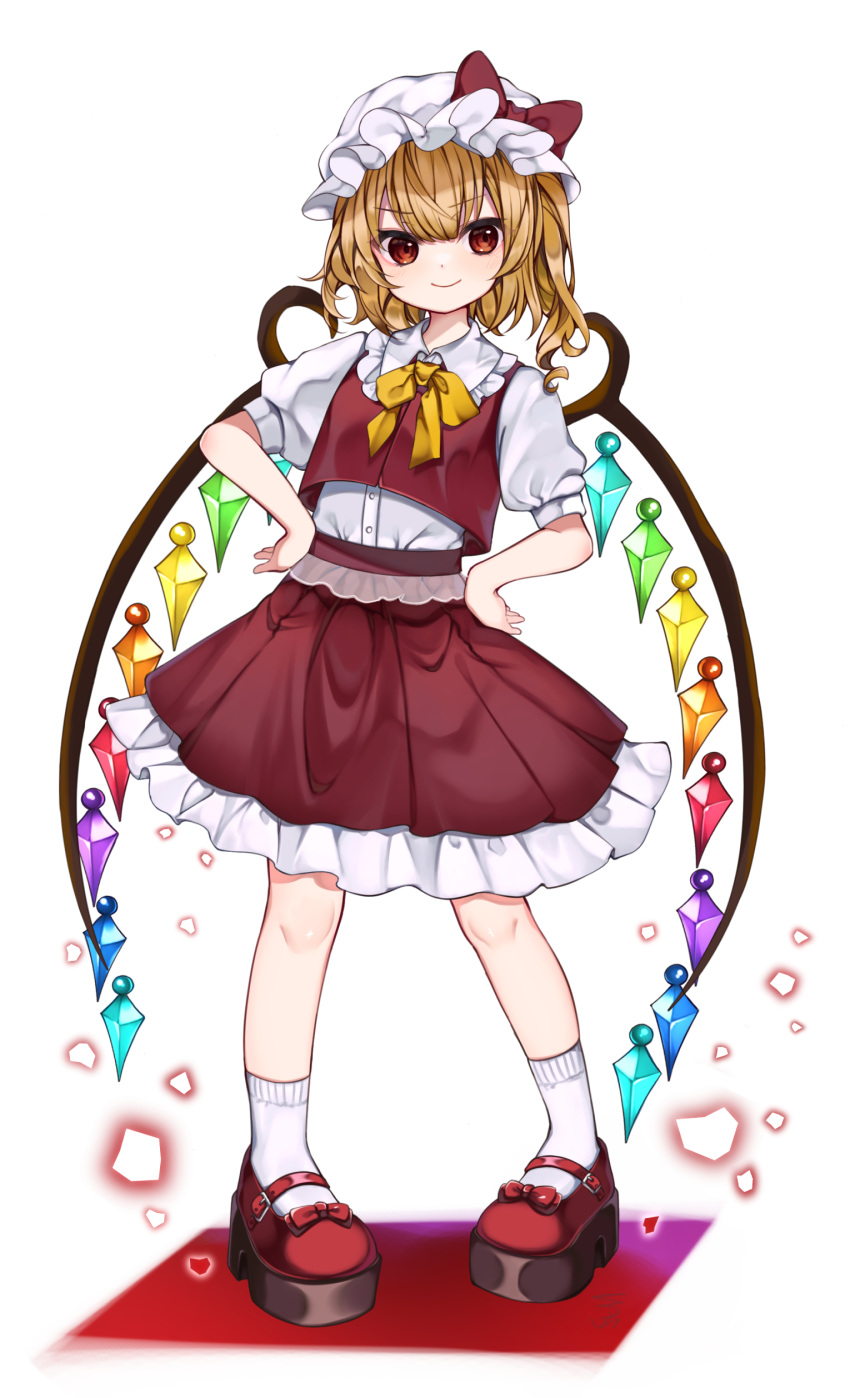 1girl absurdres blonde_hair bow crystal flandre_scarlet flat_chest full_body hands_on_own_hips hat hat_bow highres light_brown_hair looking_to_the_side one_side_up petite petticoat pigeon-toed puffy_short_sleeves puffy_sleeves red_bow red_eyes short_hair_with_long_locks short_sleeves smile solo standing touhou wings yuineko