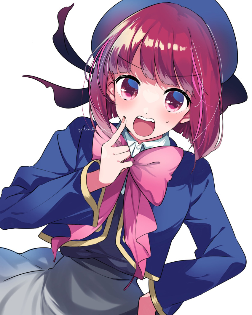 arima_kana artist_name beret black_bow black_vest blue_headwear blue_jacket blush bob_cut bow bowtie collared_shirt commentary_request cropped_jacket dutch_angle grey_skirt gumii42 hand_on_own_hip hat hat_bow highres index_finger_raised jacket long_sleeves no_pupils open_mouth oshi_no_ko pink_bow pink_bowtie red_eyes school_uniform shirt simple_background skirt sweatdrop teeth vest white_background white_shirt youtou_high_school_uniform