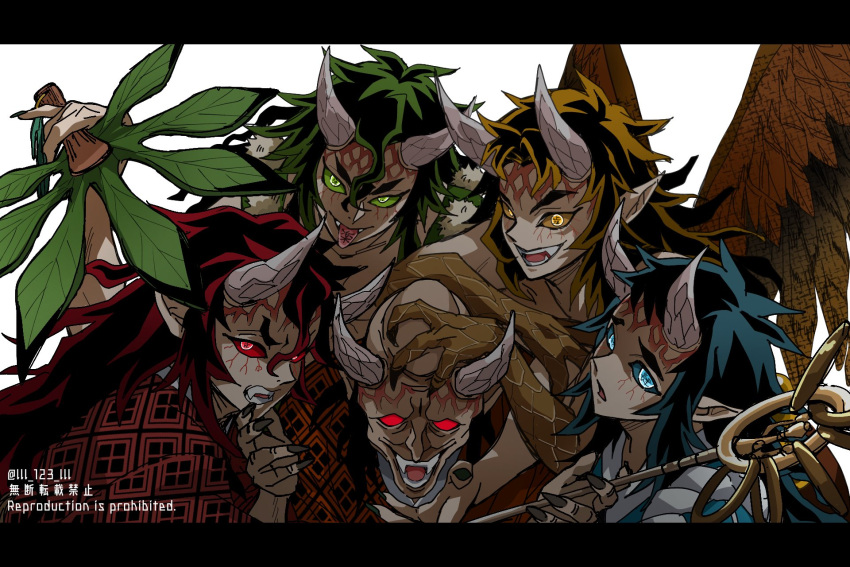 5boys aizetsu_(kimetsu_no_yaiba) animal_hands artist_name bird_wings black_hair blue_eyes blue_hair blue_sclera brown_hair brown_wings claws colored_sclera demon_boy fangs feathered_wings fingernails green_eyes green_hair green_sclera hair_between_eyes hands_up hantengu_(kimetsu_no_yaiba) harpy_boy highres holding holding_staff horns japanese_clothes karaku_(kimetsu_no_yaiba) kimetsu_no_yaiba kimono letterboxed lll_123_lll long_hair long_sleeves looking_at_viewer male_focus monster_boy multicolored_hair multiple_boys open_mouth pointy_ears red_eyes red_kimono red_sclera redhead sekido_(kimetsu_no_yaiba) shakujou sharp_fingernails sidelocks simple_background staff symbol-shaped_pupils thick_eyebrows tongue tongue_out twitter_username two-tone_hair upper_body urogi_(kimetsu_no_yaiba) veins white_background wings yellow_eyes yellow_sclera
