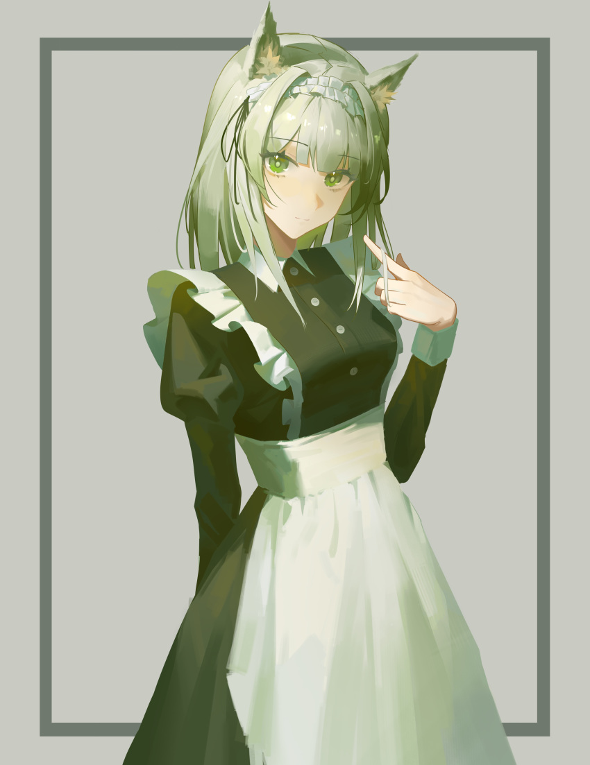 1girl absurdres animal_ears apron arknights black_dress cat_ears cat_girl closed_mouth commentary_request cowboy_shot dress green_eyes green_hair hand_up highres hokago-tt juliet_sleeves kal'tsit_(arknights) long_hair long_sleeves looking_at_viewer maid maid_apron maid_headdress pointing pointing_at_self puffy_sleeves smile solo white_apron