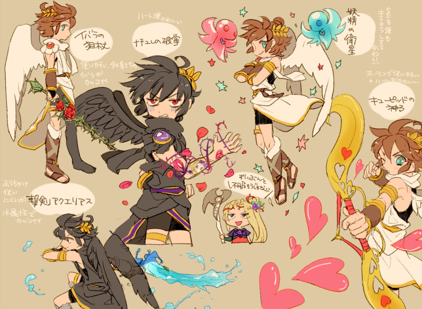 1girl 2boys angel_wings annoyed black_hair blonde_hair blue_eyes bow_(weapon) brown_background brown_hair dark_pit flower hair_flower hair_ornament heart holding holding_bow_(weapon) holding_sword holding_weapon inset kid_icarus kid_icarus_uprising laurel_crown multiple_boys multiple_views one_eye_closed petals pit_(kid_icarus) red_eyes rose siblings smile sword translation_request twins v-shaped_eyebrows viridi weapon wings yutapo