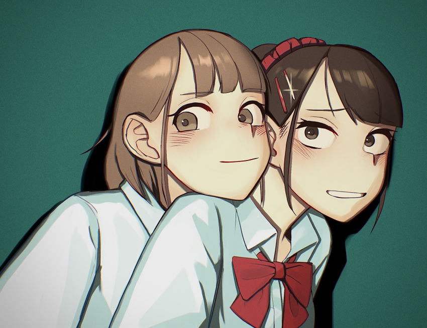 2girls blush bow bowtie brown_eyes brown_hair closed_mouth collared_shirt green_background grin hair_ornament hairclip head_on_another's_shoulder highres mecha-jk mecha-jk's_friend meikaa multiple_girls original red_bow red_bowtie shirt smile white_shirt