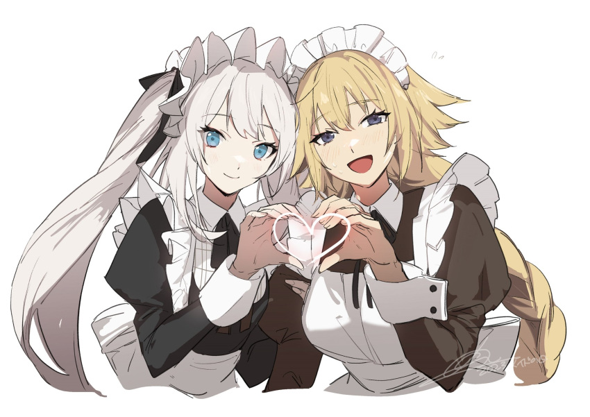 2girls alternate_costume apron arm_hug blonde_hair blue_eyes blush braid breasts closed_mouth enmaided fate/grand_order fate_(series) heart heart_hands heart_hands_duo highres jeanne_d'arc_(fate) large_breasts maid maid_apron maid_headdress marie_antoinette_(fate) multiple_girls no-kan open_mouth signature simple_background single_braid small_breasts smile twintails white_background white_hair