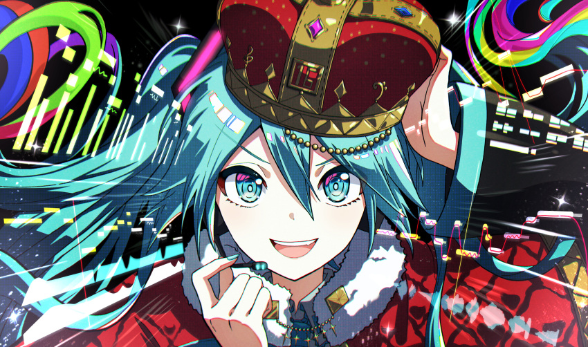 1girl :d absurdres adjusting_clothes adjusting_headwear anniversary aqua_eyes aqua_hair aqua_nails aqua_necktie beads cape chromatic_aberration collared_shirt commentary crown dot_nose fur-trimmed_cape fur_trim gem hair_beads hair_between_eyes hair_ornament hand_up hatsune_miku headset highres itogari long_hair microphone nail_polish necktie portrait red_cape shirt smile solo straight-on teeth twintails upper_teeth_only vocaloid