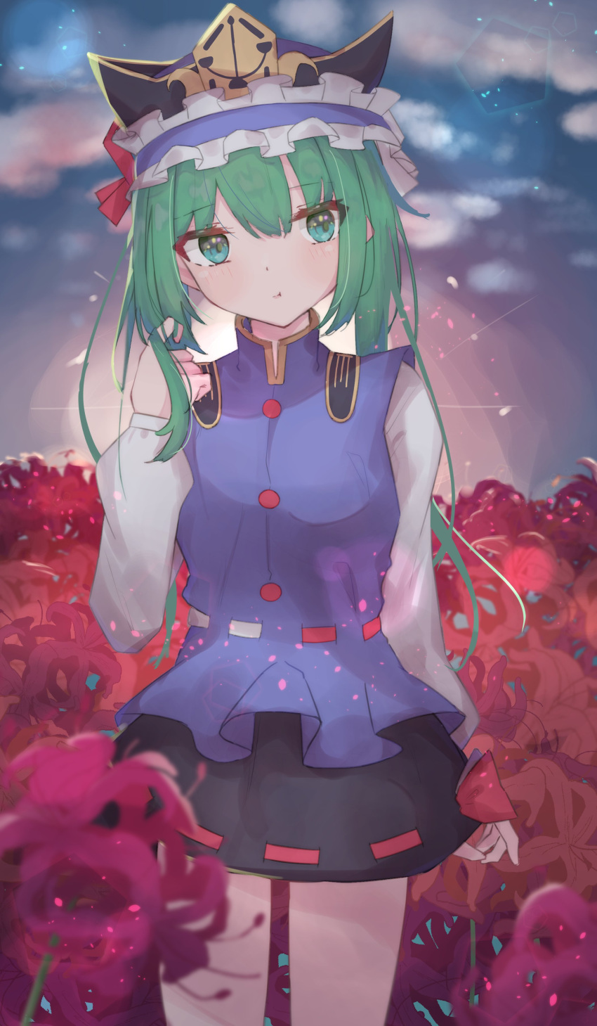 1girl :t absurdres asymmetrical_hair black_skirt blue_vest buttons closed_mouth clouds commentary_request epaulettes flower frilled_hat frills green_eyes hand_in_own_hair hat highres long_hair long_sleeves looking_at_viewer matcha_yado outdoors red_flower ribbon-trimmed_skirt ribbon_trim shiki_eiki skirt solo spider_lily touhou vest