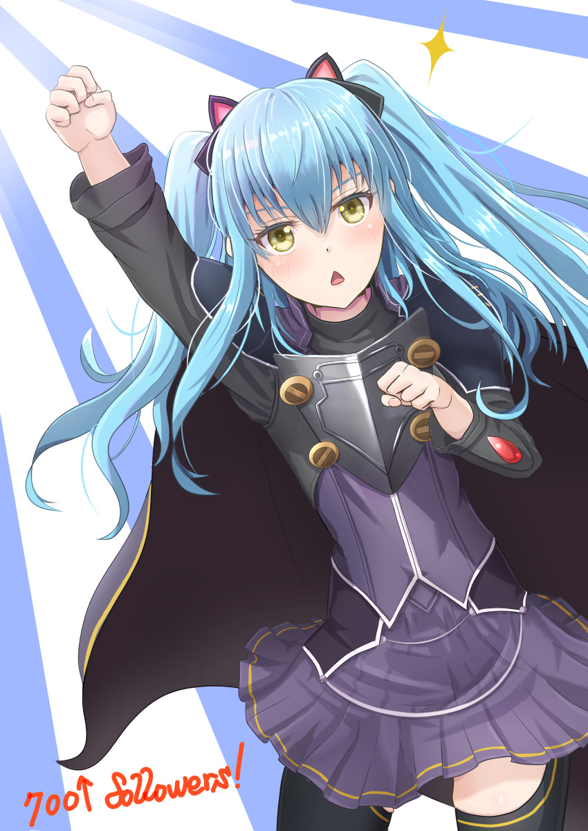 1girl absurdres ao_no_kiseki blue_hair cape cat_hair_ornament clenched_hand eiyuu_densetsu english_text gorget hair_ornament highres looking_at_viewer milestone_celebration open_mouth raised_fist skirt solo tio_plato twintails witch_f yellow_eyes zero_no_kiseki