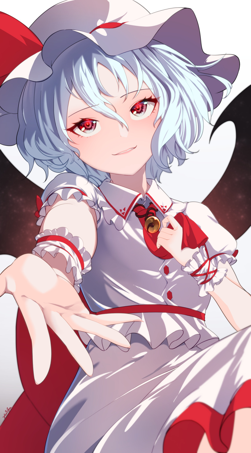 1girl bat_wings brooch chienon feet_out_of_frame flat_chest foreshortening frilled_shirt_collar frills glowing glowing_eyes grey_hair hair_between_eyes hand_on_own_chest hand_up hat highres jewelry light_smile looking_at_viewer mob_cap parted_lips petite puffy_short_sleeves puffy_sleeves reaching reaching_towards_viewer remilia_scarlet shirt short_hair short_sleeves simple_background skirt skirt_set solo touhou white_background white_shirt white_skirt wings wrist_cuffs