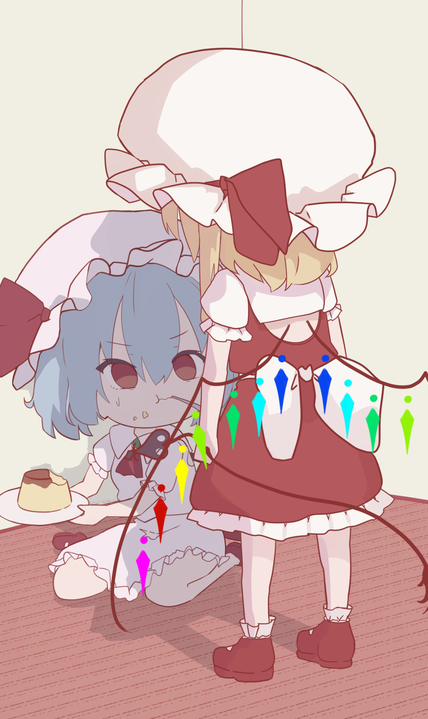 2girls absurdres back_bow bow crystal dress eating facing_another flandre_scarlet food full_body hat highres holding holding_plate holding_weapon laevatein_(touhou) looking_at_another mob_cap multiple_girls on_floor plate pudding r_utchi red_dress remilia_scarlet siblings sisters sitting standing touhou wariza weapon white_dress wings wooden_floor
