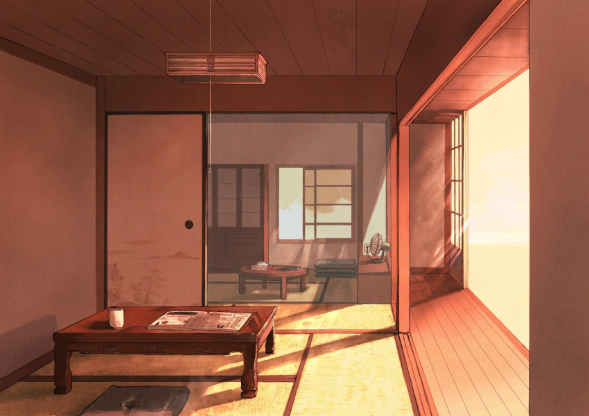 book commentary_request cup cupboard electric_fan highres lamp newspaper no_humans original shouji sliding_doors sunlight table tatami tissue_box tokoame