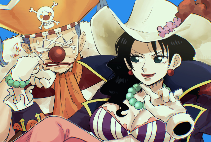 1boy 1girl alvida_(one_piece) ascot bead_bracelet bead_necklace beads black_hair blue_hair bracelet buggy_the_clown closed_mouth clown_nose cowboy_hat earrings facial_mark gloves hat hat_feather highres jewelry jolly_roger lipstick looking_at_another makeup medium_hair necklace one_piece pirate_hat rebanira_kaisan red_nose short_hair smile wavy_hair white_gloves