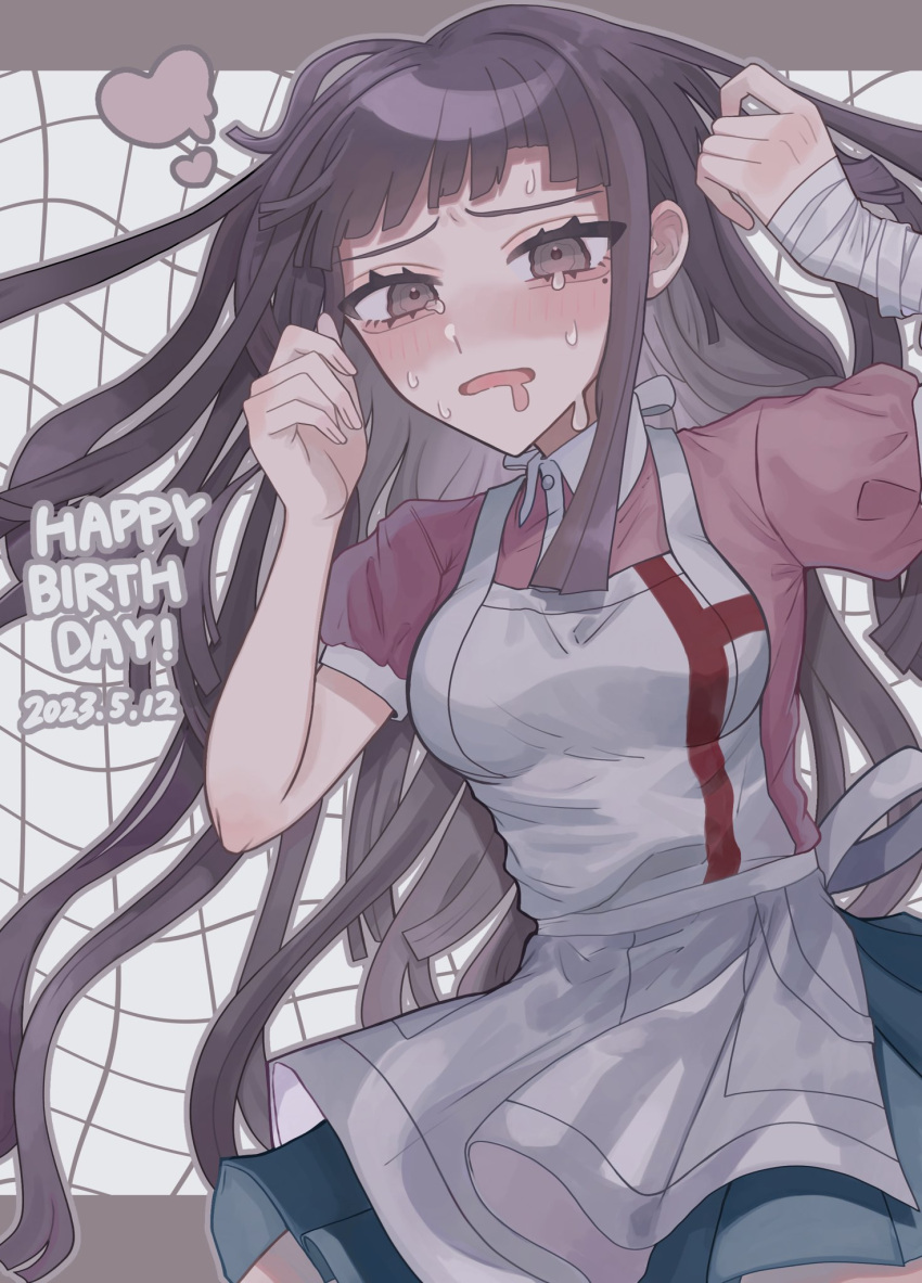 1girl apron bandaged_arm bandages black_hair blue_skirt blush breasts brown_eyes collared_shirt cowboy_shot danganronpa_(series) danganronpa_2:_goodbye_despair dated drooling grey_apron happy_birthday heart highres large_breasts long_hair michi_(michiisidayo) mole mole_under_eye pink_shirt pleated_skirt puffy_short_sleeves puffy_sleeves shirt short_sleeves skirt solo sweat tears tsumiki_mikan two-tone_shirt