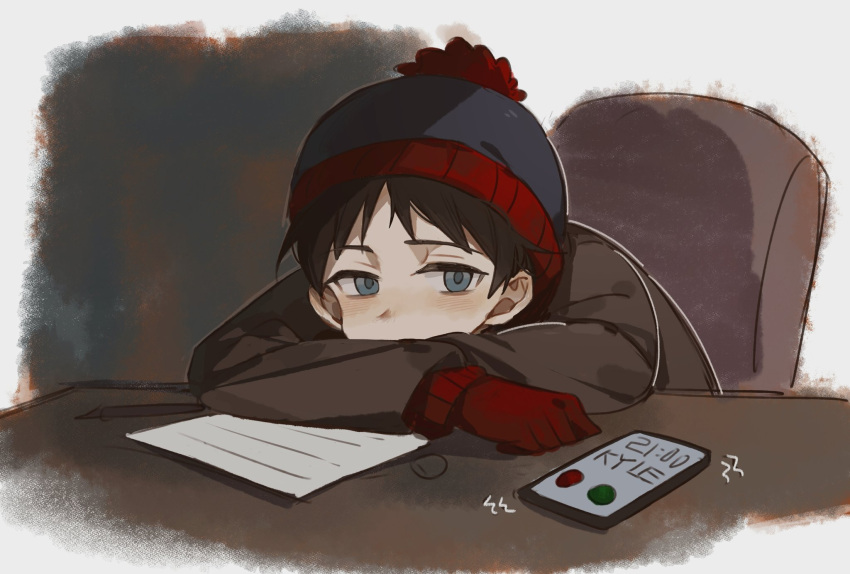 1boy animification beanie black_hair blue_eyes brown_jacket cellphone crossed_arms english_commentary english_text fur_hat gloves hat highres jacket male_child male_focus on_chair paper pen phone red_gloves sketch smartphone solo south_park stan_marsh starmango524