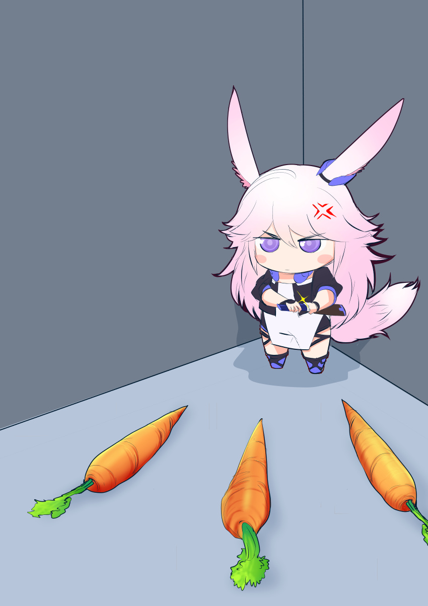 1girl absurdres aepuru_arts angry animal_ears carrot chibi food fox_ears fox_tail highres holding holding_sword holding_weapon honkai_(series) honkai_impact_3rd katana long_hair pink_hair solo sword tail vegetable violet_eyes weapon yae_sakura yae_sakura_(goushinnso_memento)