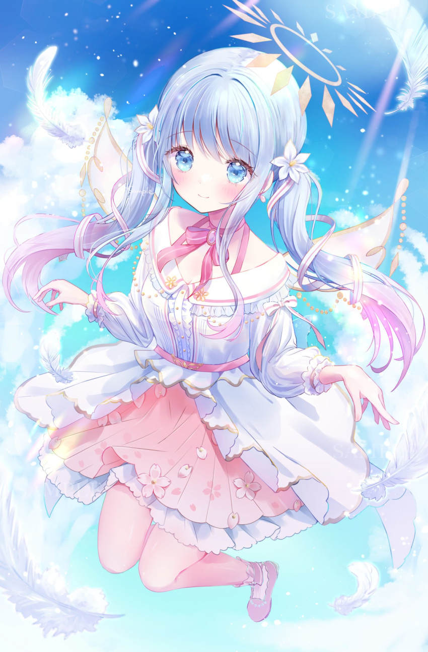 1girl blue_eyes cherry_blossoms dress feathers flower gradient_hair hair_flower hair_ornament halo highres irono1910 long_hair multicolored_hair off-shoulder_dress off_shoulder original pink_footwear pink_hair pink_skirt skirt solo swept_bangs twintails white_flower wings