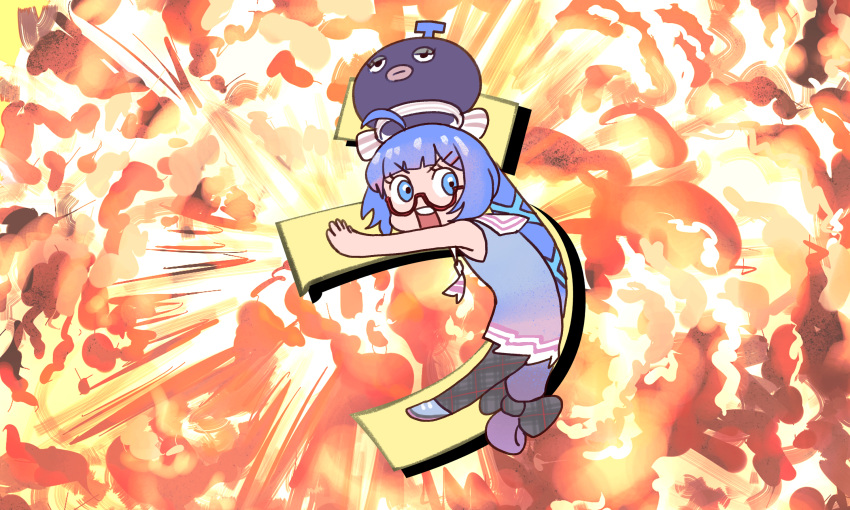 1girl ahoge black_bow black_pantyhose blue_dress blue_eyes blue_hair blunt_bangs bow chibi commentary_request dress eel_hat explosion from_side full_body gradient_dress hair_bow hair_ornament hairclip highres letter_pose long_hair looking_at_viewer looking_to_the_side open_mouth otomachi_una otomachi_una_(talkex) pantyhose pink_dress plaid plaid_bow plaid_legwear ponytail sailor_collar semi-rimless_eyewear shoes short_dress sleeveless sleeveless_dress solo talkex tmasyumaro v-shaped_eyebrows very_long_hair vocaloid white_sailor_collar