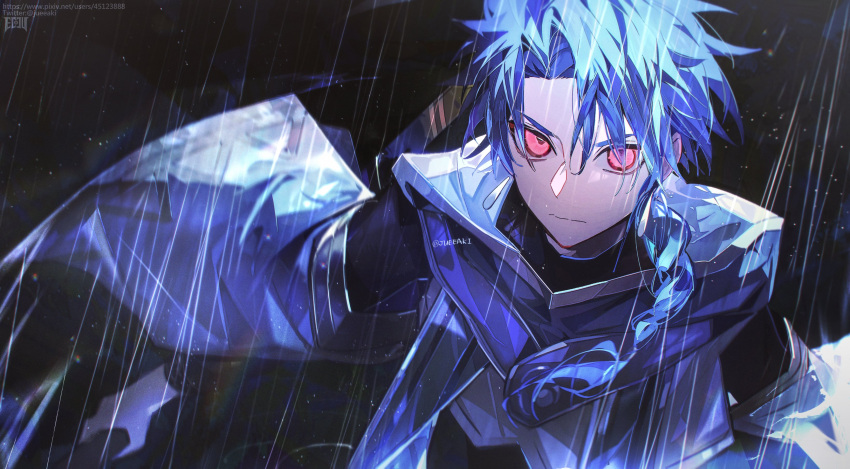 1boy absurdres blue_hair bodysuit bodysuit_under_clothes braid braided_ponytail capelet child cu_chulainn_(fate) eeju fate/grand_order fate_(series) highres holding holding_polearm holding_weapon hood hooded_capelet long_hair looking_at_viewer male_child male_focus outdoors polearm rain red_eyes setanta_(fate) signature solo weapon wet wet_hair