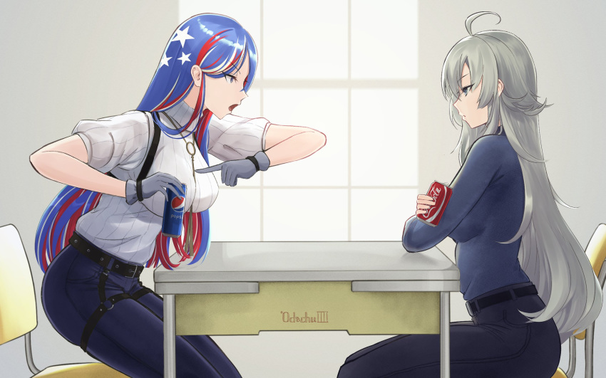 2girls ahoge alternate_costume blue_hair blue_pants blue_shirt breasts can coca-cola commentary_request cowboy_shot denim gloves grey_eyes grey_gloves grey_hair highres jeans kantai_collection large_breasts long_hair multicolored_hair multiple_girls odachu pants pepsi redhead shirt soda_can south_dakota_(kancolle) star_(symbol) table washington_(kancolle) white_hair white_shirt window