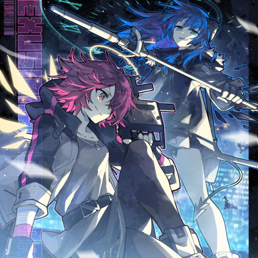 2girls arknights black_gloves black_halo black_jacket black_pantyhose blue_eyes character_name closed_mouth commentary_request demon_horns demon_tail dog_tags drone energy_wings exusiai_(arknights) feet_out_of_frame fingerless_gloves gloves grey_shirt gun hair_over_one_eye halo highres holding holding_gun holding_staff holding_weapon hood hood_down hooded_jacket horns jacket knee_up kriss_vector long_hair long_sleeves morini_ochiteru mostima_(arknights) multiple_girls open_clothes open_jacket open_mouth orange_eyes pantyhose redhead shirt short_hair smile staff submachine_gun tail weapon