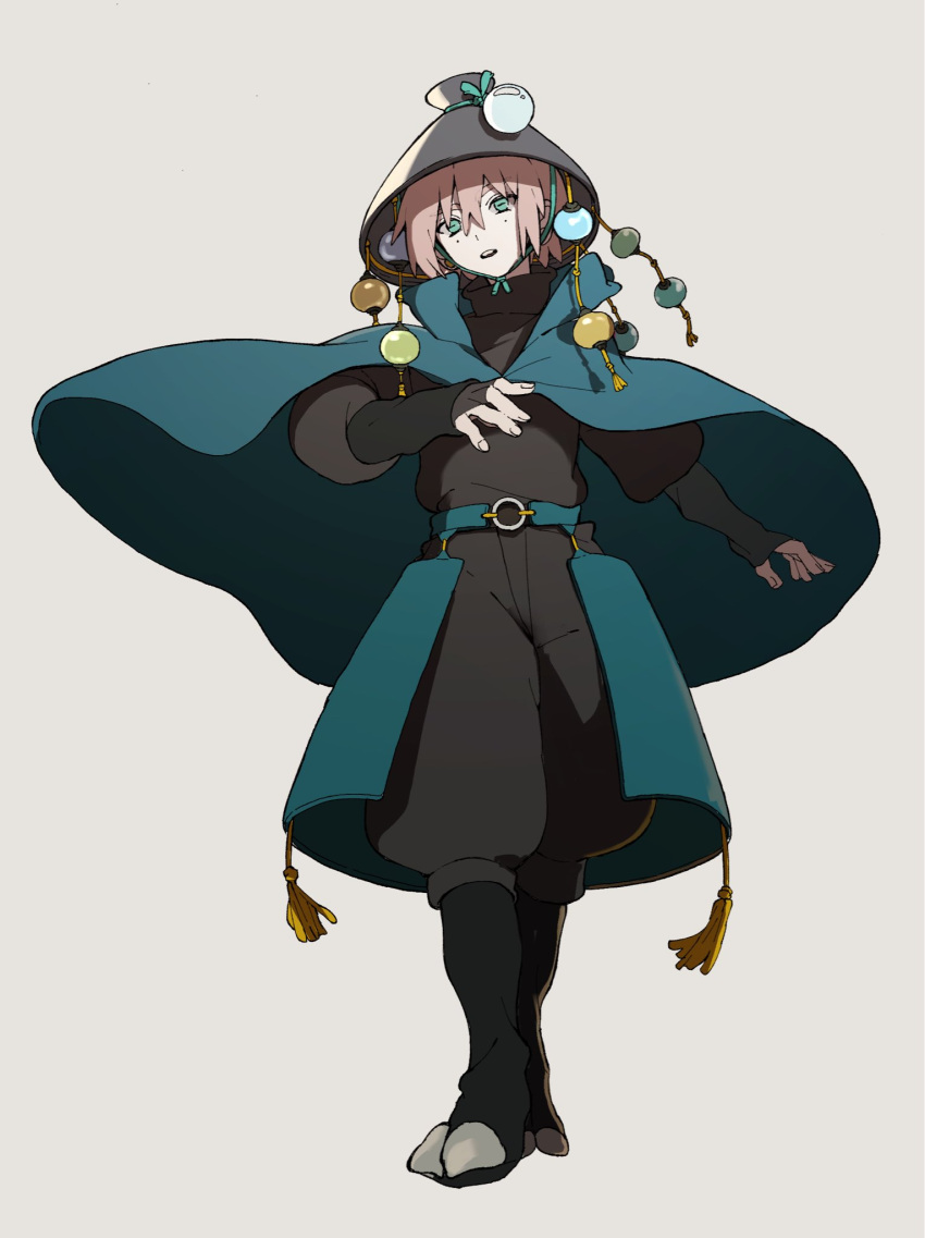 1boy baggy_pants black_footwear black_sweater blue_cape blue_eyes boots cape commentary_request full_body hat highres light_brown_hair male_focus original pants solo sweater tokoame turtleneck turtleneck_sweater