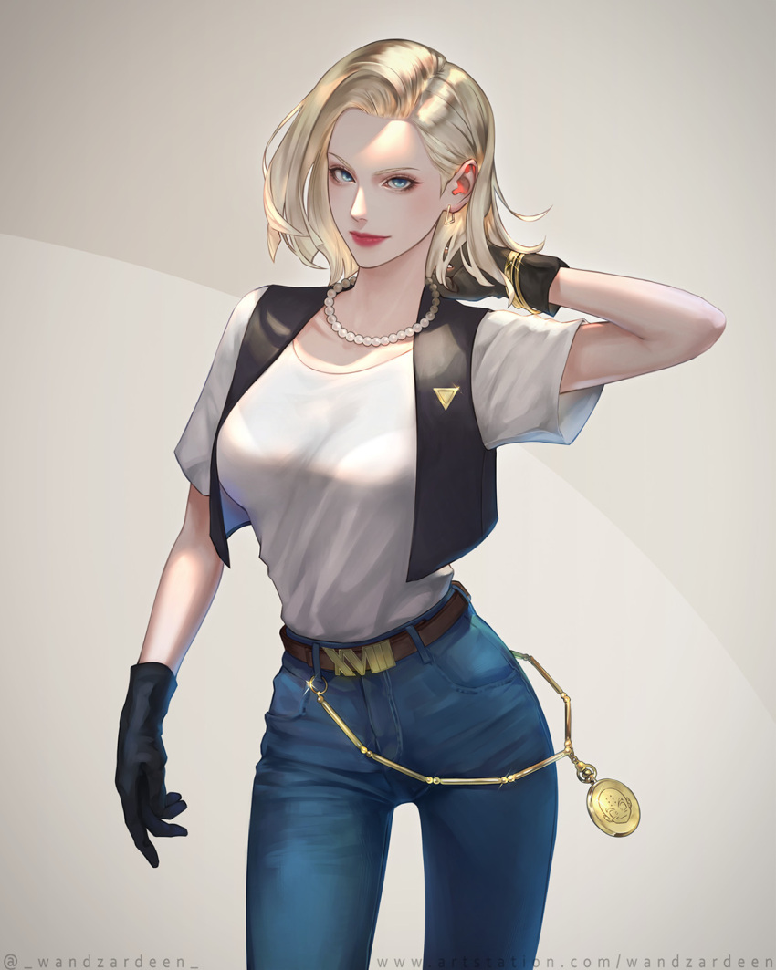 1girl android_18 bead_necklace beads black_gloves black_vest blonde_hair blue_eyes closed_mouth cyborg denim dragon_ball dragon_ball_z earrings gloves hand_in_own_hair highres jeans jewelry kuririn lips looking_at_viewer medium_hair necklace pants red_lips short_sleeves simple_background smile vest wandzardeen web_address