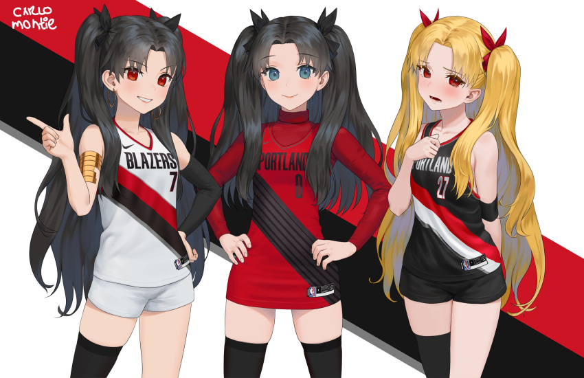 3girls armlet artist_name basketball_jersey black_hair black_thighhighs blonde_hair blue_eyes bow brandon_roy brandon_roy_(cosplay) breasts carlo_montie closed_mouth commission cosplay damian_lillard damian_lillard_(cosplay) earrings ereshkigal_(fate) fate/grand_order fate/stay_night fate_(series) finger_gun grin hair_bow hand_on_own_hip hand_up hands_on_own_hips highres hoop_earrings ishtar_(fate) jersey jewelry jusuf_nurkic jusuf_nurkic_(cosplay) long_hair looking_at_viewer multiple_girls multiple_persona national_basketball_association nike open_mouth portland_trail_blazers red_eyes short_shorts shorts single_thighhigh small_breasts smile sportswear sweater thigh-highs thighs tohsaka_rin turtleneck turtleneck_sweater two_side_up very_long_hair