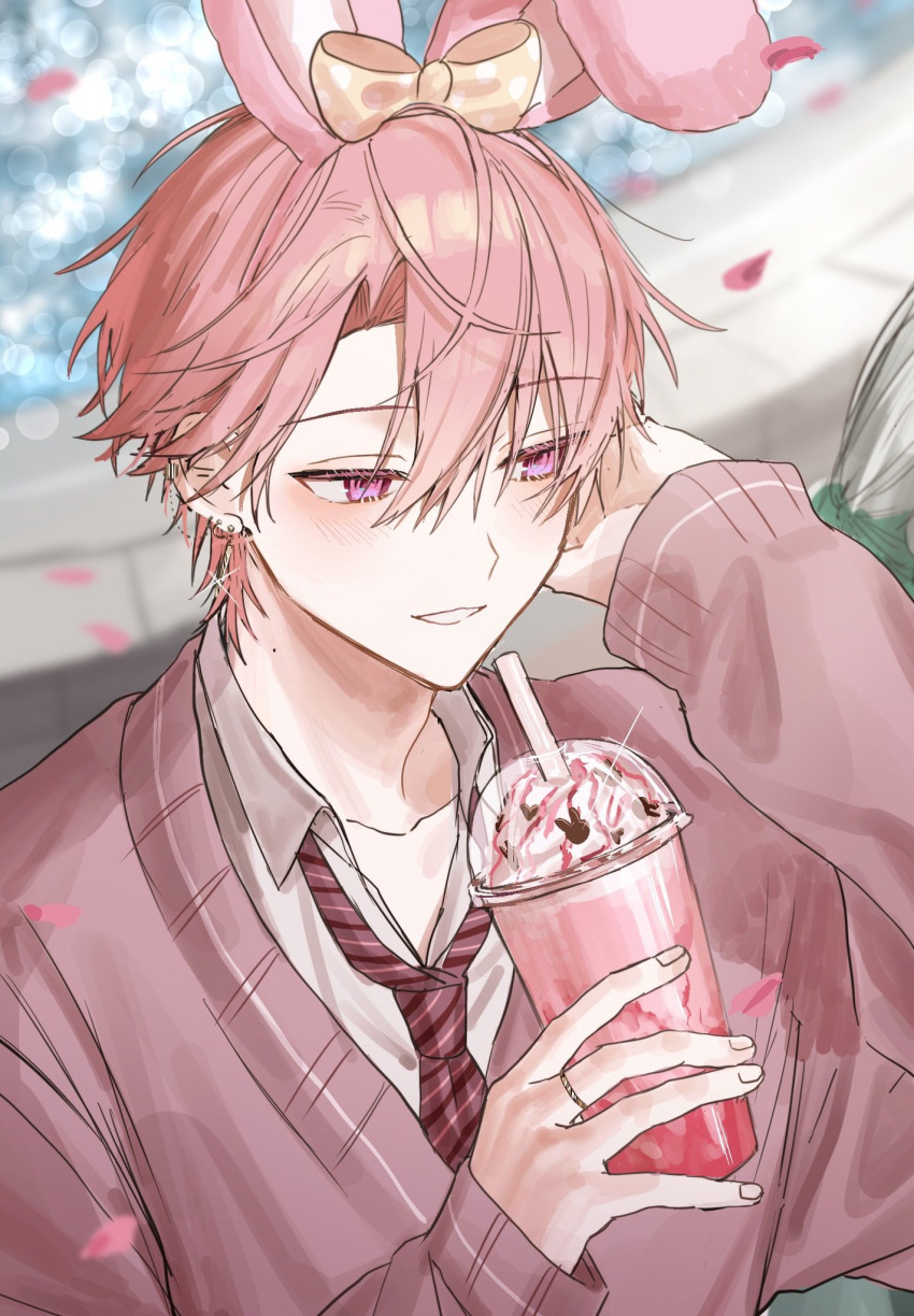 1boy animal_ears arm_up bishounen blurry blurry_background bokeh cardigan collared_shirt cup day depth_of_field diffraction_spikes earrings fake_animal_ears falling_petals hair_between_eyes hair_ornament hand_up highres holding holding_cup huzurina_suruba ice_cream_cup jewelry light_blush light_smile long_sleeves looking_to_the_side male_focus mole mole_on_neck original outdoors petals pink_cardigan pink_eyes pink_hair rabbit_ears ring shirt solo sparkle stud_earrings upper_body white_shirt