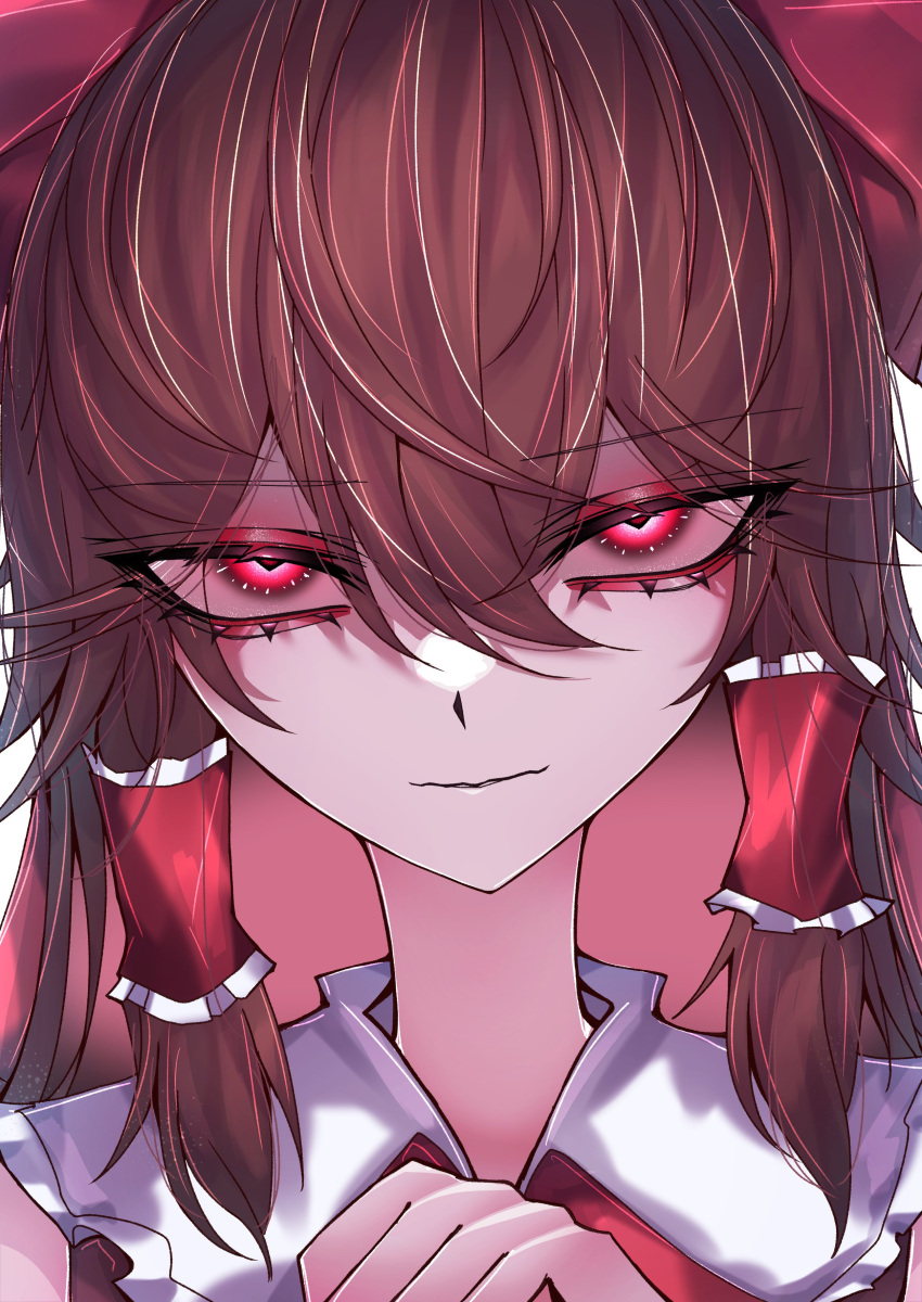 1girl 33_gaff absurdres brown_hair collared_shirt eyes_visible_through_hair eyeshadow frilled_hair_tubes frills hair_between_eyes hair_tubes hakurei_reimu highres long_hair looking_at_viewer makeup red_eyes red_eyeshadow red_shirt shirt sidelocks solo thick_eyelashes touhou upper_body white_background