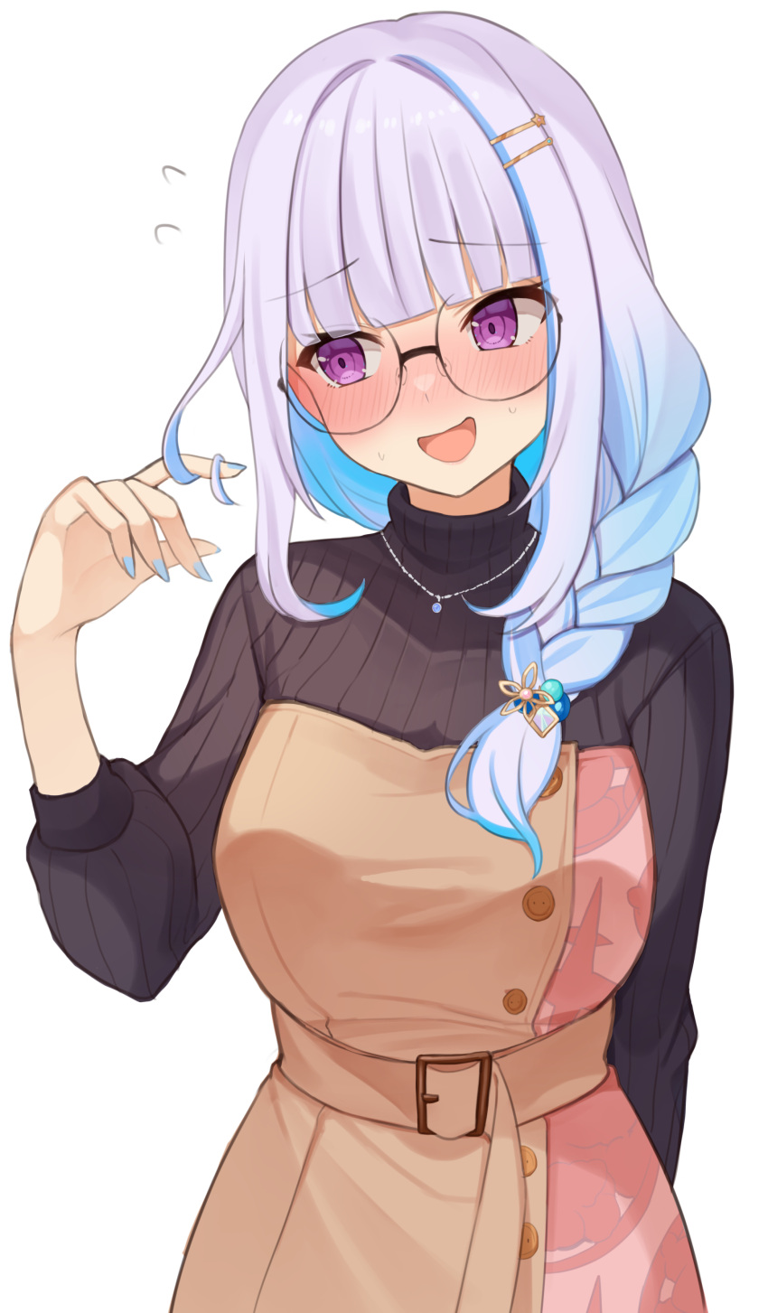 1girl :d absurdres belt belt_buckle blue_hair blue_nails blunt_bangs blush braid breasts buckle choco_tanuki coat_dress dress ear_blush flower flying_sweatdrops glasses gradient_hair hair_ornament hair_over_shoulder hair_twirling hairclip high_belt highres jewelry lize_helesta long_hair looking_away medium_breasts multicolored_hair nail_polish necklace nijisanji nose_blush open_mouth print_dress raised_eyebrows ribbed_dress round_eyewear shy side_braid sidelocks simple_background sleeves_past_elbows smile solo sweat turtleneck turtleneck_dress upper_body violet_eyes virtual_youtuber white_background white_hair