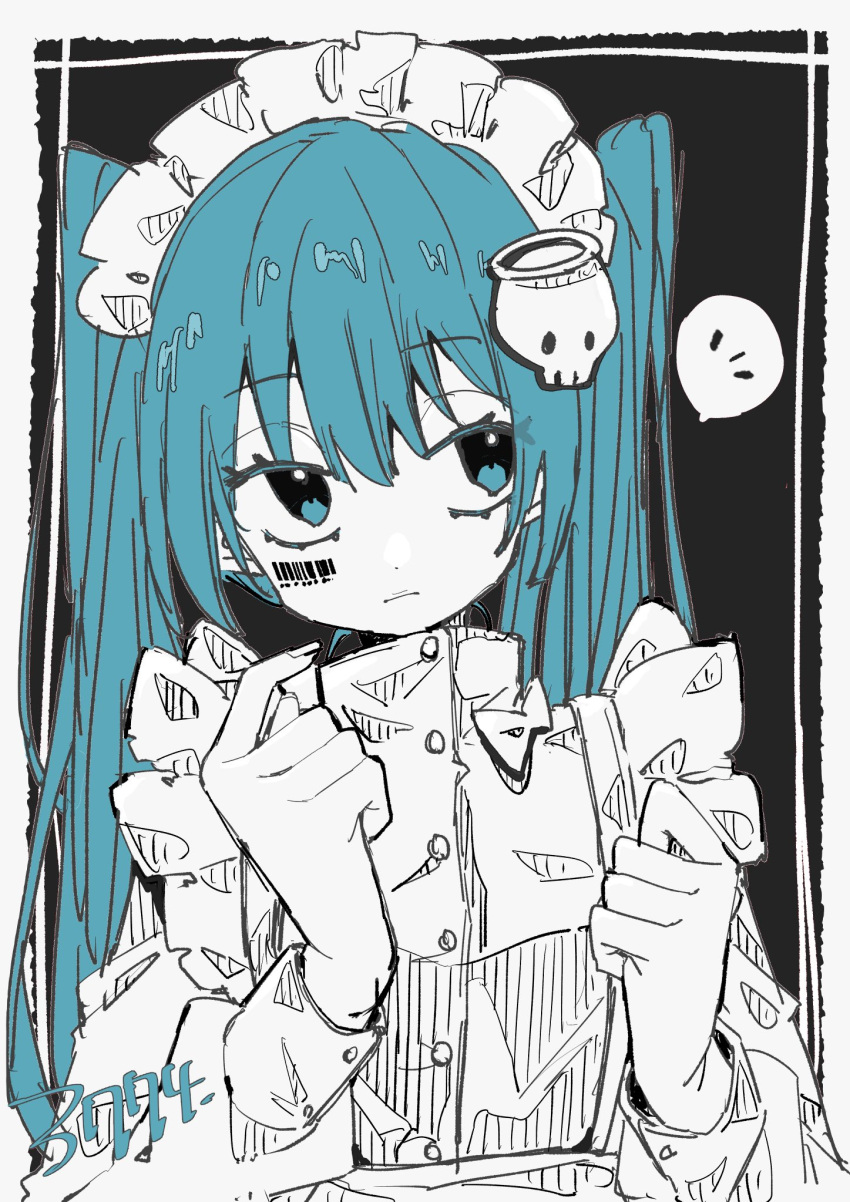 1girl alternate_costume apron aqua_eyes aqua_hair barcode barcode_tattoo bokarokaku buttons commentary enmaided facial_tattoo greyscale hair_ornament hands_up hatsune_miku high_collar highres index_finger_raised long_sleeves looking_to_the_side maid maid_apron maid_headdress monochrome outside_border skull_hair_ornament solo spoken_notice_lines spot_color tattoo twintails upper_body vocaloid
