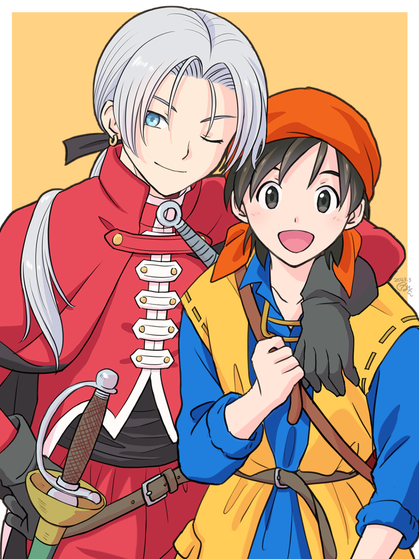 2boys bandana belt blue_eyes blue_shirt brown_belt collarbone dragon_quest dragon_quest_viii earrings gloves hand_on_another's_shoulder hero_(dq8) highres jacket jewelry kugamin kukuru_(dq8) male_focus multiple_boys one_eye_closed open_mouth orange_bandana pants ponytail red_jacket red_pants shirt smile sword sword_on_back weapon weapon_on_back white_background white_hair