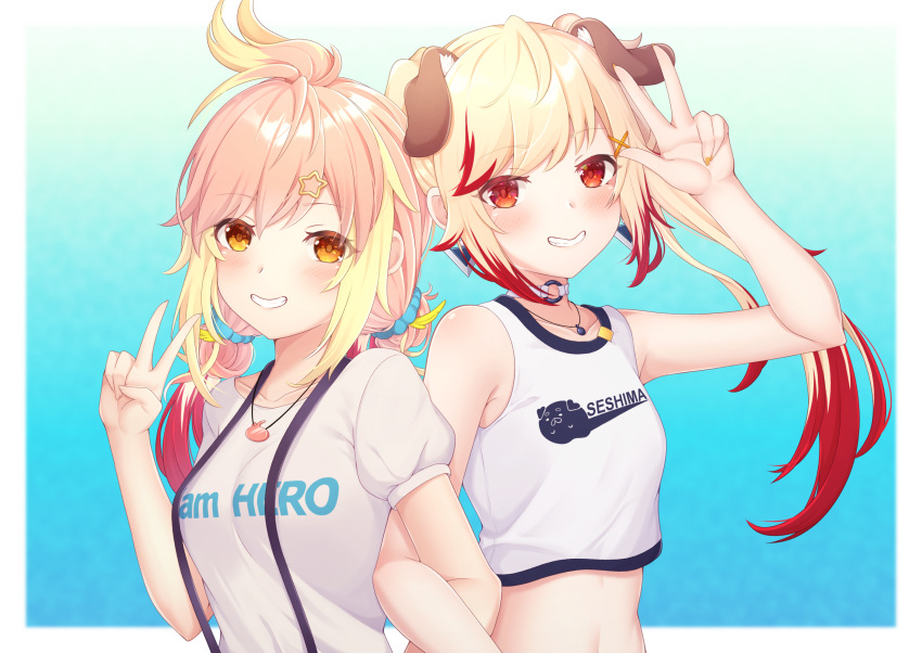 2girls animal_ear_fluff animal_ears animare bare_shoulders blonde_hair blue_background blush breasts character_name choker crop_top dog_ears gradient_background grin highres hira_hikari jewelry locked_arms long_hair looking_at_viewer low_twintails medium_breasts multicolored_hair multiple_girls nanashi_inc. necklace o-ring o-ring_choker orange_eyes orange_nails pink_hair print_shirt puffy_short_sleeves puffy_sleeves red_eyes redhead rin_(0917608) seshima_rui shirt short_sleeves sleeveless sleeveless_shirt small_breasts smile suspenders twintails two-tone_hair upper_body virtual_youtuber w white_choker white_shirt