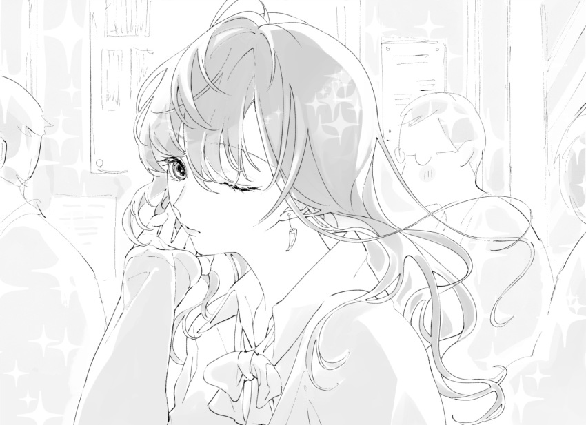 1girl 3others ahoge bow bowtie cardigan classroom collared_shirt expressionless greyscale head_rest ichinose_shiki idolmaster idolmaster_cinderella_girls indoors long_hair looking_at_viewer loose_bowtie monochrome multiple_others nininiwa2 one_eye_closed shirt sketch solo_focus sparkle wavy_hair
