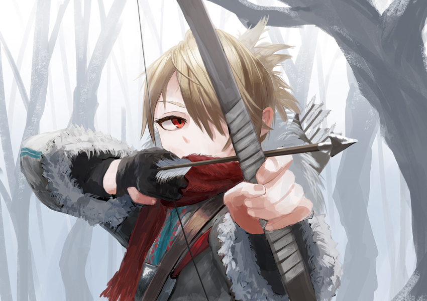 1girl aiming arrow_(projectile) bare_tree black_gloves blonde_hair bow_(weapon) day drawing_bow fighting_stance forest fur_trim ginho gloves hair_over_one_eye holding holding_arrow holding_bow_(weapon) holding_weapon long_sleeves nature original outdoors outstretched_arm pelt ready_to_draw red_eyes red_scarf scarf single_glove snow solo tree weapon wolf_pelt