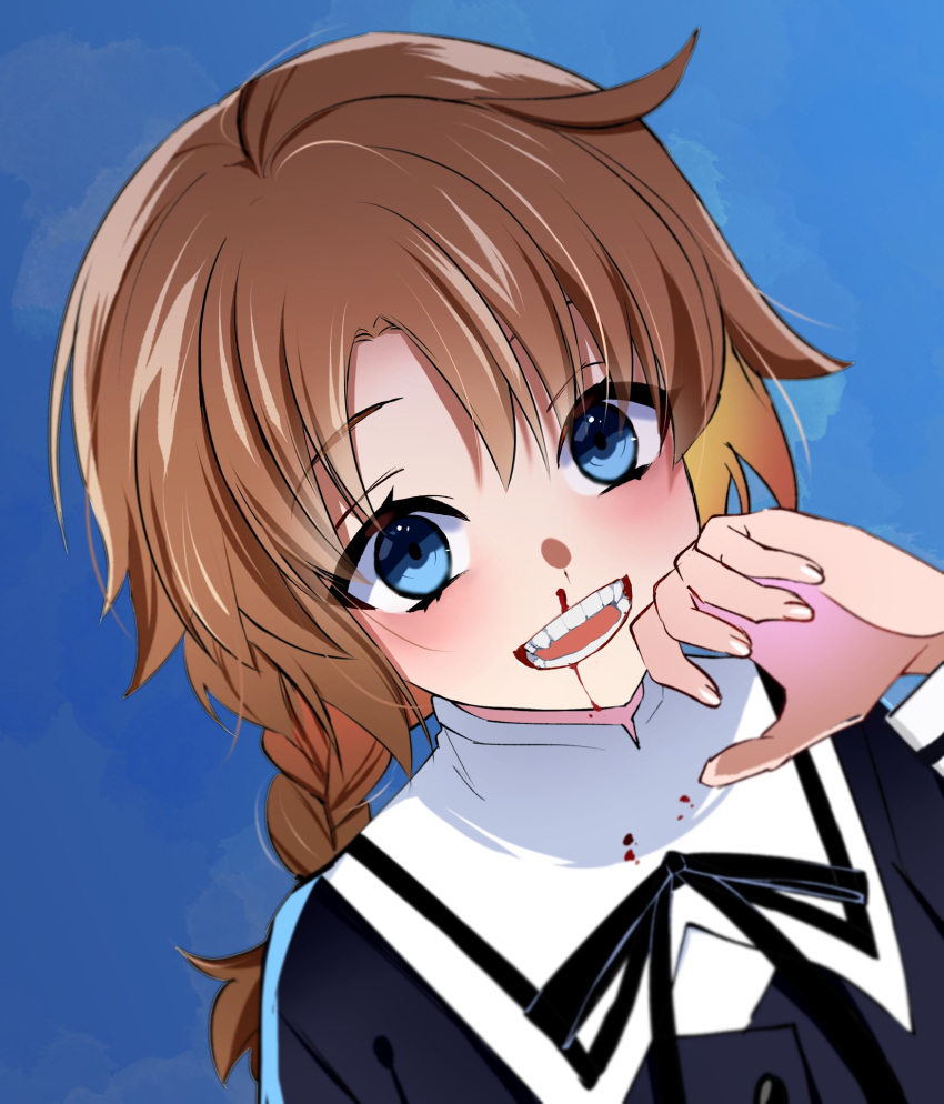 1girl assault_lily black_ribbon blood blood_on_clothes blood_on_face blue_background blue_eyes blush braid braided_ponytail brown_hair buttons commentary_request dutch_angle fingernails futagawa_fumi gradient_background hair_between_eyes hand_to_own_mouth hand_up highres kikikaikai_(kikikaikai_chan) long_hair long_sleeves low_ponytail neck_ribbon nosebleed open_mouth portrait ribbon school_uniform single_braid smile solo teeth yurigaoka_girls_academy_school_uniform