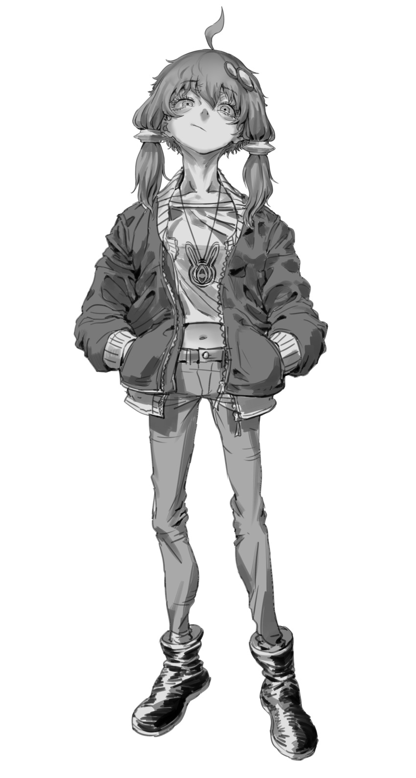 1girl :/ absurdres ahoge bomber_jacket boots closed_mouth collarbone commentary crop_top denim full_body furrowed_brow greyscale hair_ornament half-closed_eyes hands_in_pockets highres jacket jeans jewelry long_sleeves looking_at_viewer midriff monochrome navel open_clothes open_jacket pants pendant shirt short_hair_with_long_locks simple_background solo standing tmasyumaro voiceroid yuzuki_yukari