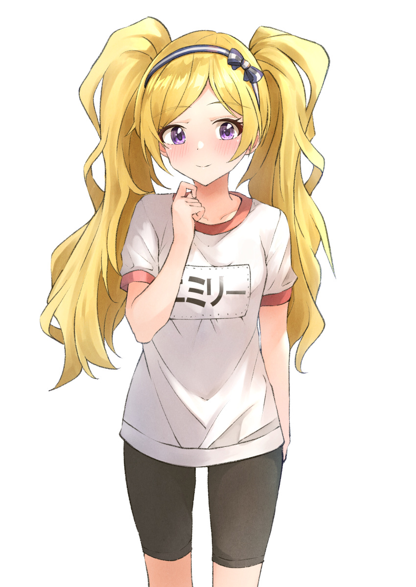1girl absurdres b1ack_illust bike_shorts blonde_hair blush breasts collarbone cowboy_shot emily_stewart gym_uniform highres idolmaster idolmaster_million_live! light_smile long_hair looking_at_viewer name_tag short_sleeves simple_background small_breasts solo swept_bangs twintails very_long_hair violet_eyes white_background