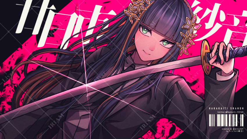 1girl black_border black_jacket border commission formal green_eyes hair_ornament hettui2442 highres holding holding_sword holding_weapon iriam jacket long_hair pink_background purple_hair red_nails shirt skeb_commission smile solo suit sword virtual_youtuber weapon white_shirt