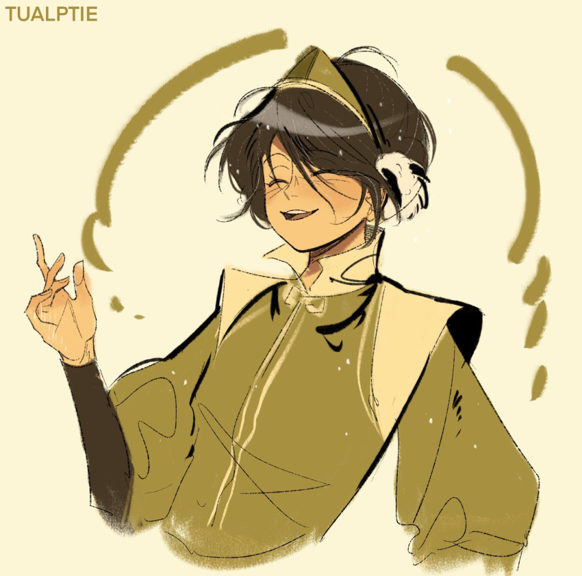 1girl ^_^ artist_name avatar:_the_last_airbender avatar_legends black_hair blush closed_eyes green_hairband green_jacket hairband head_tilt highres jacket open_mouth short_hair smile solo toph_bei_fong tualptie upper_body yellow_background