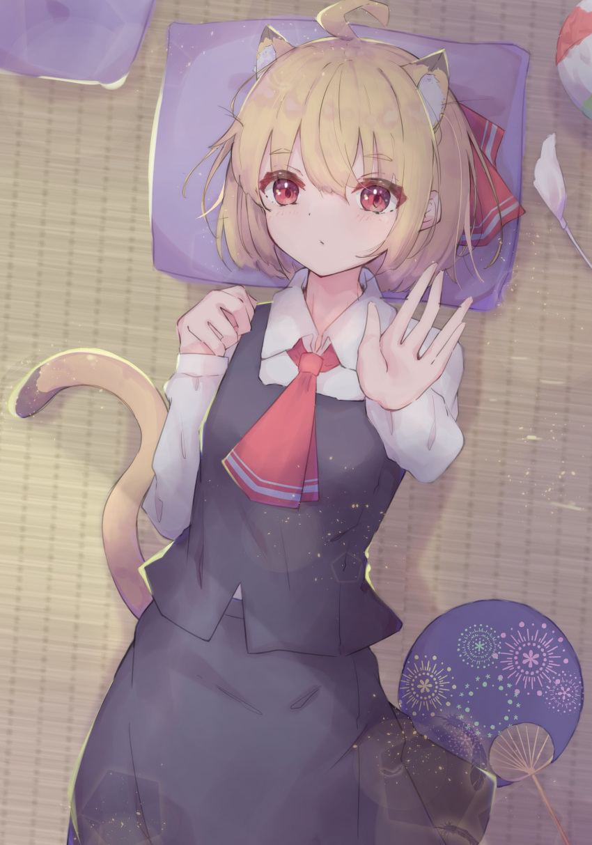 1girl absurdres ahoge ascot black_skirt black_vest blonde_hair cat_girl cat_tail closed_mouth collared_shirt commentary_request hair_ribbon hand_fan highres indoors long_sleeves looking_at_viewer lying matcha_yado on_back pillow red_ascot red_eyes red_ribbon ribbon rumia shirt short_hair skirt solo tail touhou vest white_shirt