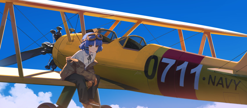 1girl absurdres aircraft airplane biplane blue_hair blue_sky bocchi_the_rock! brown_footwear brown_gloves brown_jacket clouds day gloves goggles goggles_on_head highres jacket jl_tan looking_at_viewer medium_hair military military_vehicle outdoors propeller shirt sky solo vehicle_focus white_shirt yamada_ryou yellow_eyes