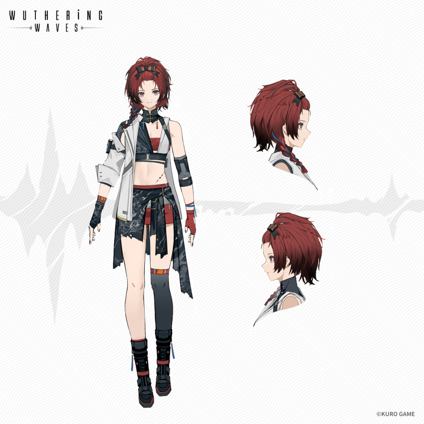 1girl asymmetrical_clothes asymmetrical_gloves bare_shoulders black_footwear braid chest_sarashi chixia_(wuthering_waves) concept_art copyright elbow_pads english_text gloves highres jacket mismatched_gloves redhead ribbon sarashi single_braid single_elbow_pad single_sleeve single_thighhigh stomach thigh-highs white_jacket wuthering_waves