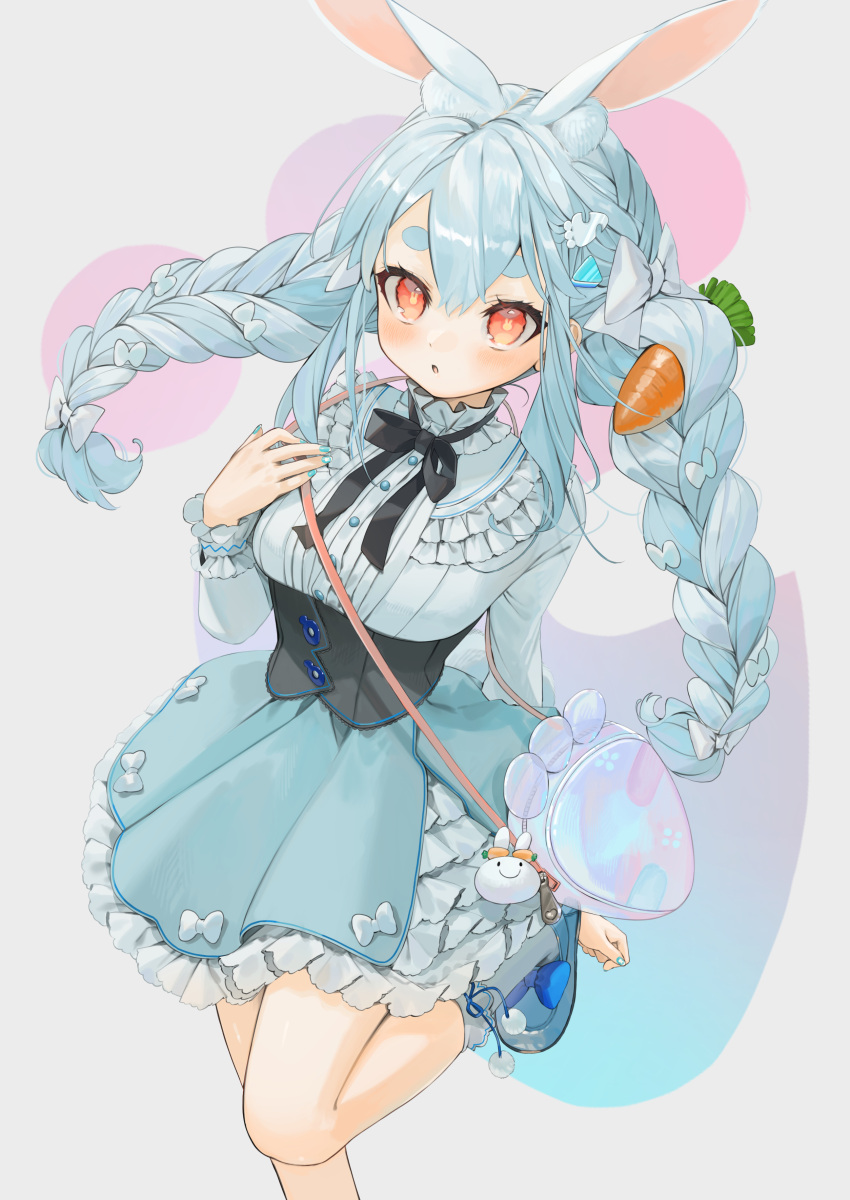 1girl :o absurdres animal_ear_fluff animal_ears aqua_nails bag blue_dress blush braid breasts dress foot_out_of_frame frills gotoh510 grey_background grey_hair hand_up handbag highres hololive long_hair looking_at_viewer medium_breasts nail_polish open_mouth orange_eyes rabbit_ears rabbit_tail simple_background solo standing standing_on_one_leg tail thick_eyebrows twin_braids usada_pekora very_long_hair