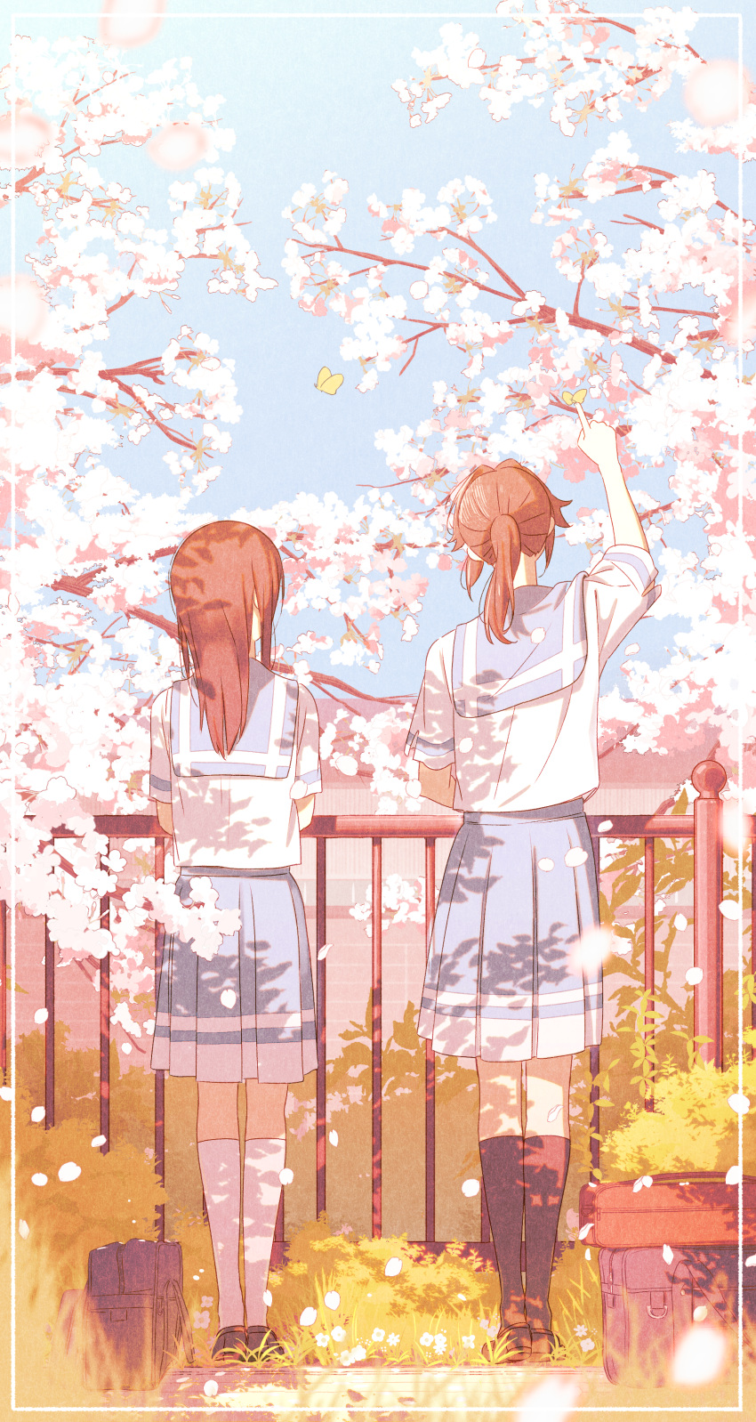 2girls absurdres arm_up back_turned bag black_socks blue_bag blue_skirt branch brown_bag brown_footwear brown_hair bug butterfly cherry_blossoms commentary_request day falling_petals foliage from_behind hibike!_euphonium highres kasaki_nozomi kneehighs liz_to_aoi_tori long_hair multiple_girls outdoors petals pleated_skirt ponytail railing sailor_collar sailor_shirt sawara65 school_bag school_uniform shirt short_sleeves skirt socks standing white_socks yoroizuka_mizore