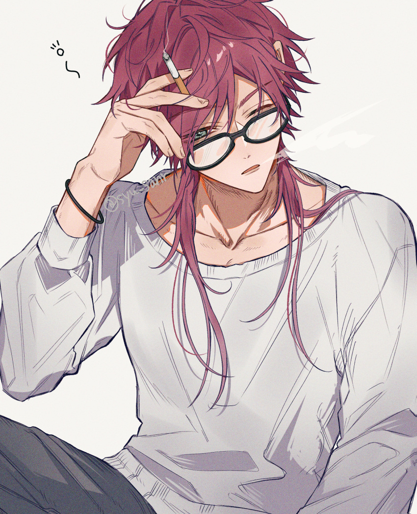 1boy artist_name black-framed_eyewear black_pants bracelet cigarette collarbone commentary_request glasses green_eyes hair_between_eyes hair_over_shoulder hand_up highres holding holding_cigarette jewelry kanato01 lauren_iroas long_hair long_sleeves male_focus nijisanji one_eye_closed open_mouth pants parted_bangs parted_lips redhead sidelocks simple_background sitting smoke smoking solo sweater swept_bangs twitter_username virtual_youtuber white_background white_sweater