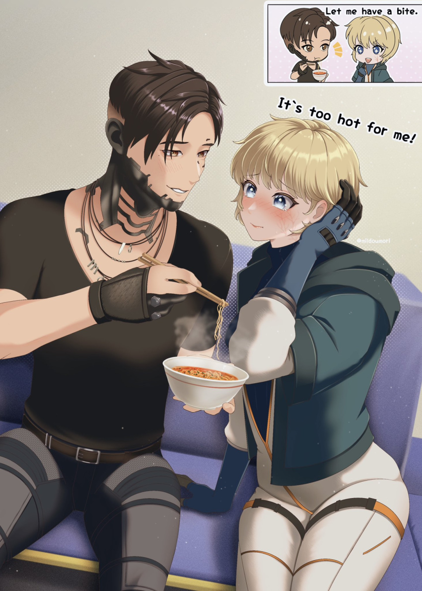 1boy 1girl animification apex_legends belt black_pants black_shirt blonde_hair blue_eyes blue_gloves blue_hoodie blue_sweater blush bodysuit bowl brown_belt brown_eyes brown_hair chibi chibi_inset chopsticks couch crypto_(apex_legends) english_commentary english_text food gloves hair_behind_ear hand_on_own_head highres holding holding_bowl holding_chopsticks hood hood_down hoodie jewelry milmil7 mole mole_under_eye necklace nervous noodles pants parted_hair parted_lips ramen shirt sitting smile sweater wattson_(apex_legends) white_bodysuit