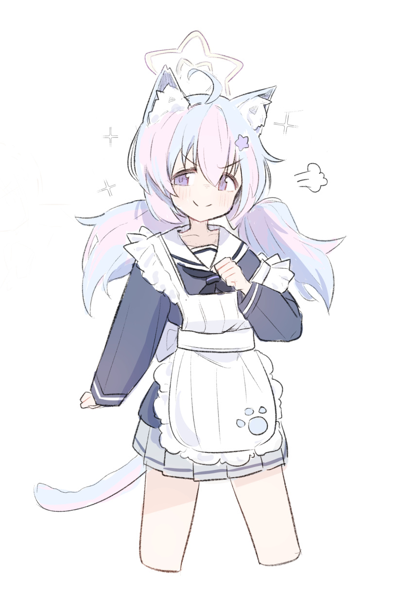 1girl =3 animal_ear_fluff animal_ears apron black_neckerchief blue_archive blue_hair blue_jacket blush cat_ears cat_tail collarbone commentary cropped_legs frilled_apron frills grey_skirt hair_between_eyes halo highres jacket kemonomimi_mode light_blue_hair long_hair long_sleeves maid_apron neckerchief patanda paw_print pink_hair pleated_skirt reisa_(blue_archive) sailor_collar school_uniform serafuku simple_background skirt smile solo split_mouth star_halo tail twintails violet_eyes white_apron white_background white_sailor_collar