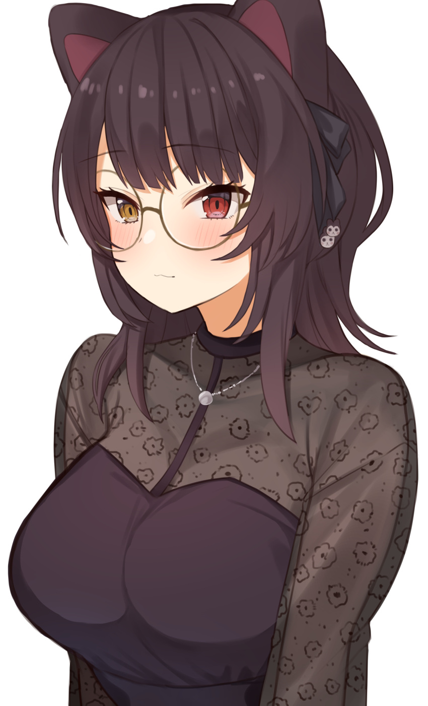 1girl absurdres animal_ears black_dress black_ribbon breasts brown_hair choco_tanuki closed_mouth dog_ears dog_girl dress eyelashes glasses hair_ornament hair_ribbon heterochromia highres inui_toko inui_toko_(6th_costume) jewelry lace_sleeves large_breasts medium_hair necklace nijisanji official_alternate_costume red_eyes ribbon round_eyewear see-through see-through_sleeves sidelocks simple_background solo swept_bangs upper_body virtual_youtuber white_background yellow_eyes