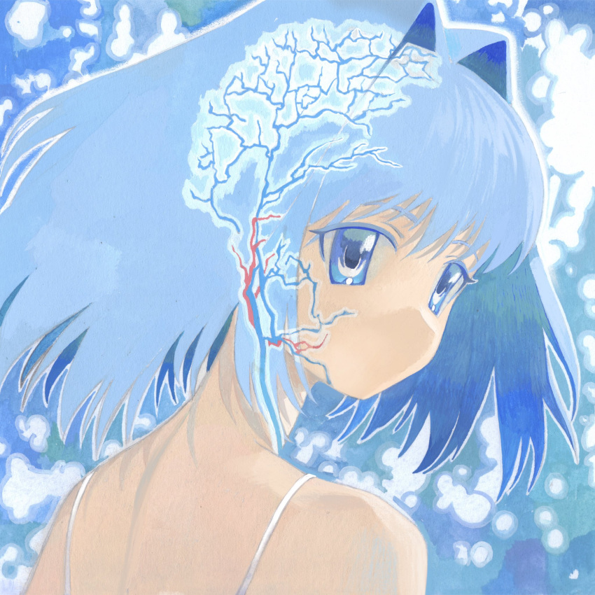 1girl abstract abstract_background bare_shoulders blue_background blue_eyes blue_hair from_behind hair_intakes highres looking_to_the_side medium_hair nervous_system no_mouth original seasideiiii solo spaghetti_strap upper_body